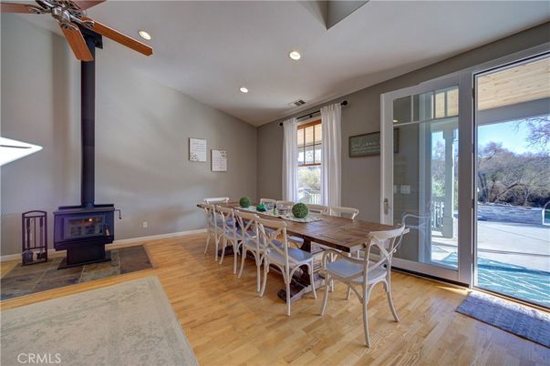 Dining room, Fireplace, Interior, Recessed Lighting, Wood Texture Flooring