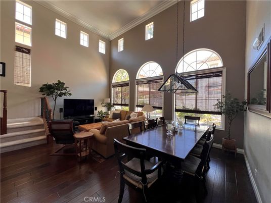 Dining room, Interior, Living room, Pendant Lights, Wood Texture Flooring