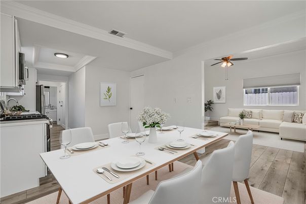 Dining room, Interior, Living room, Recessed Lighting, Wood Texture Flooring
