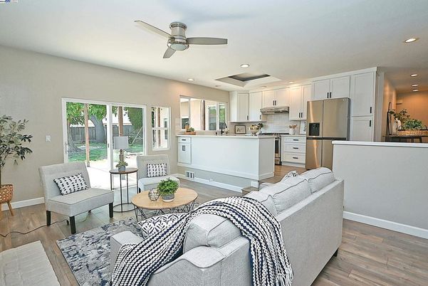 Interior, Kitchen, Living room, Recessed Lighting, Stainless Steel Appliances, Wood Texture Flooring