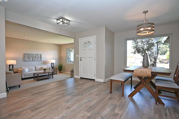 Dining room, Interior, Living room, Recessed Lighting, Wood Texture Flooring