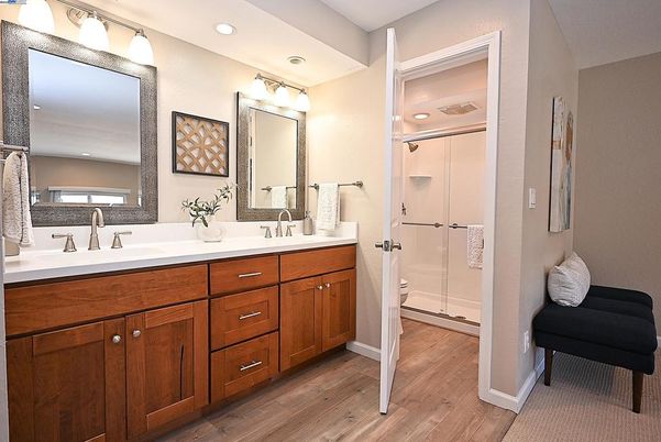 Bathroom, Dual Sink Vanities, Interior, Recessed Lighting, Wood Texture Flooring