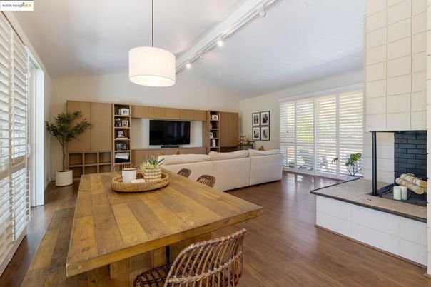 Dining room, Interior, Living room, Pendant Lights, Wood Texture Flooring