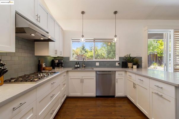 Interior, Kitchen, Pendant Lights, Stainless Steel Appliances, Wood Texture Flooring