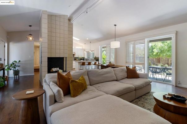 Dining room, Fireplace, Interior, Kitchen, Living room, Pendant Lights, Recessed Lighting, Wood Texture Flooring