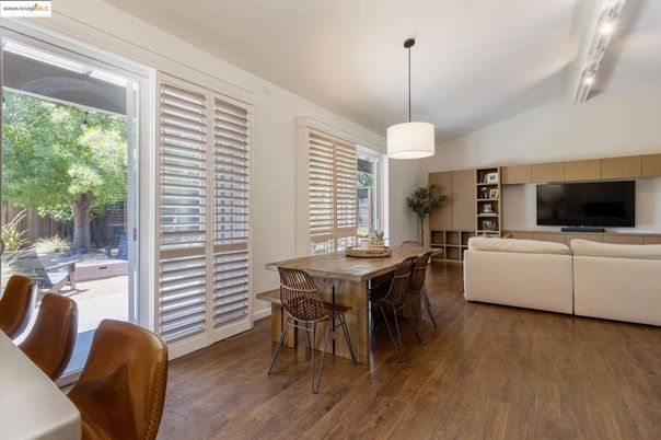 Dining room, Interior, Living room, Pendant Lights, Wood Texture Flooring