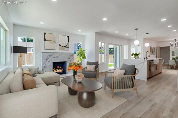 Dining room, Fireplace, Interior, Kitchen, Living room, Pendant Lights, Recessed Lighting, Wood Texture Flooring