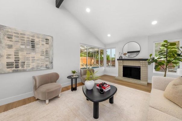 Fireplace, Interior, Living room, Recessed Lighting, Wooden Beams, Wood Texture Flooring