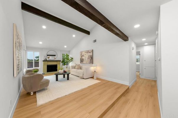 Fireplace, Interior, Living room, Recessed Lighting, Wooden Beams, Wood Texture Flooring