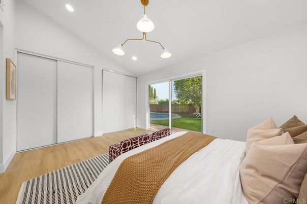 Bedroom, Interior, Pendant Lights, Recessed Lighting, Wood Texture Flooring