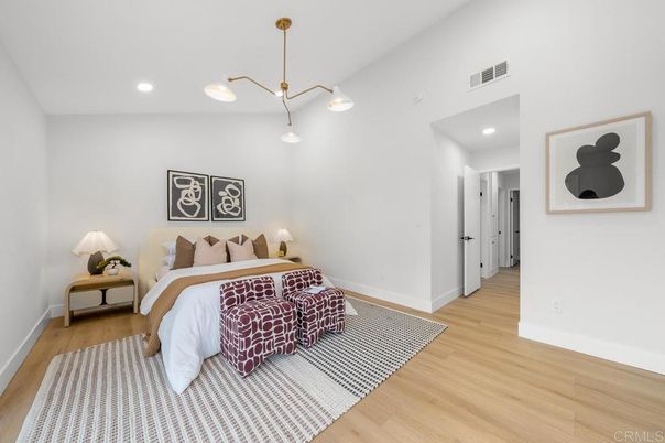 Bedroom, Interior, Pendant Lights, Recessed Lighting, Wood Texture Flooring