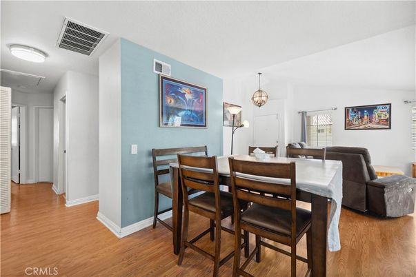 Dining room, Interior, Pendant Lights, Wood Texture Flooring