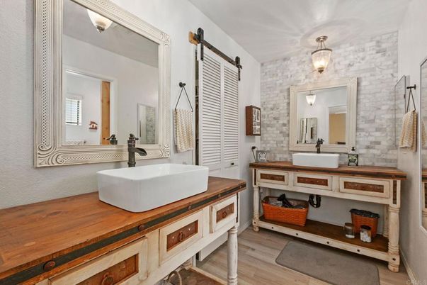 Bathroom, Dual Sink Vanities, Interior, Pendant Lights, Wood Texture Flooring