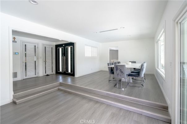 Dining room, Interior, Recessed Lighting, Wood Texture Flooring