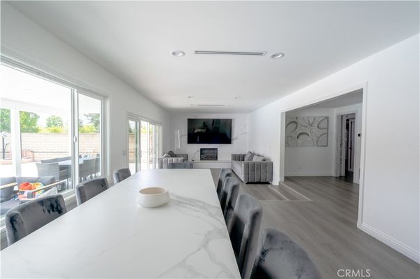 Dining room, Interior, Living room, Recessed Lighting, Wood Texture Flooring