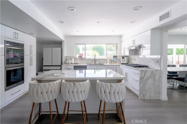 Interior, Kitchen, Marble Walls, Recessed Lighting, Wood Texture Flooring