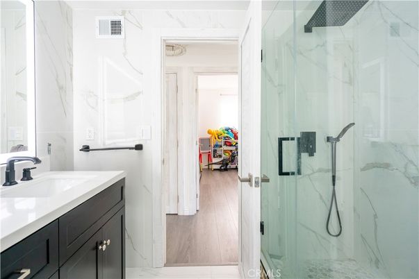 Bathroom, Glass Shower, Interior, Marble, Marble Walls, Wood Texture Flooring