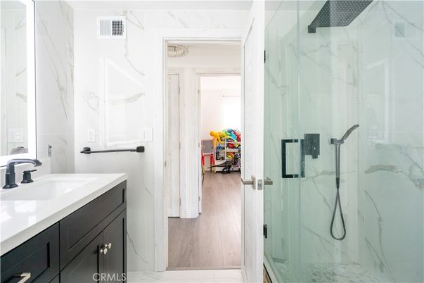 Bathroom, Glass Shower, Interior, Marble, Marble Walls, Wood Texture Flooring