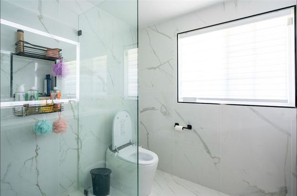 Bathroom, Glass Shower, Interior, Marble, Marble Walls