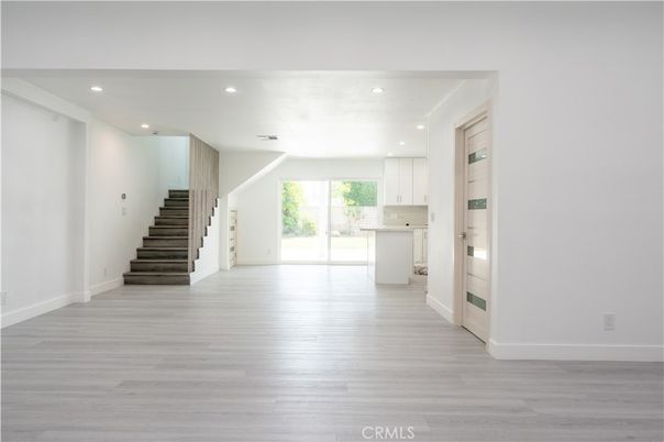 Empty room, Interior, Kitchen, Recessed Lighting, Wood Texture Flooring