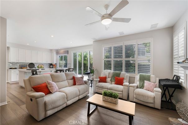 Dining room, Fireplace, Interior, Kitchen, Living room, Recessed Lighting, Wood Texture Flooring