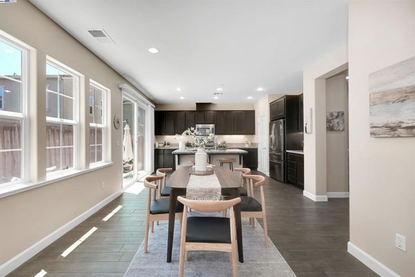 Dining room, Interior, Kitchen, Recessed Lighting, Stainless Steel Appliances, Wood Texture Flooring