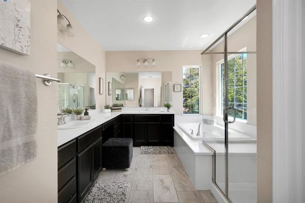 Bathroom, Dual Sink Vanities, Glass Shower, Interior, Marble, Recessed Lighting