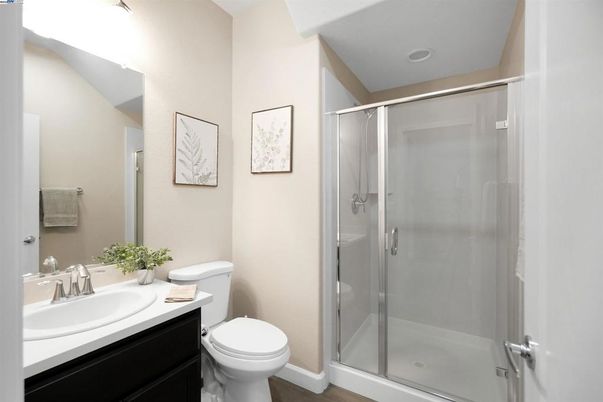 Bathroom, Glass Shower, Interior, Recessed Lighting, Wood Texture Flooring