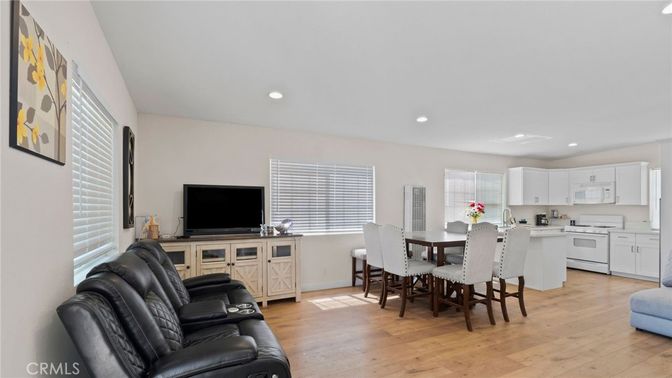 Dining room, Interior, Kitchen, Living room, Recessed Lighting, Wood Texture Flooring