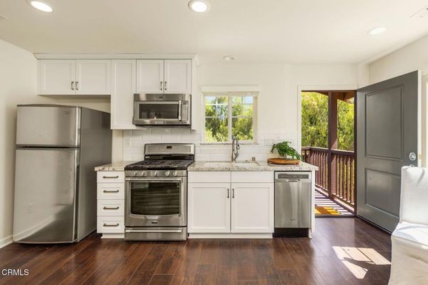 Interior, Kitchen, Recessed Lighting, Stainless Steel Appliances, Wood Texture Flooring