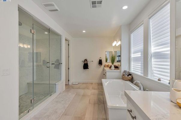 Bathroom, Dual Sink Vanities, Glass Shower, Interior, Recessed Lighting
