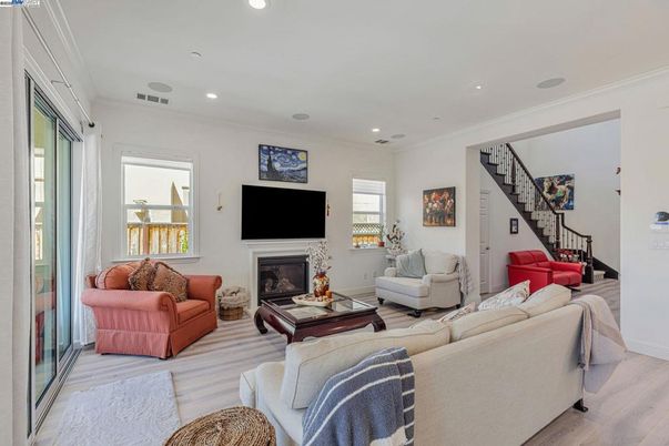 Fireplace, Interior, Living room, Recessed Lighting, Wood Texture Flooring