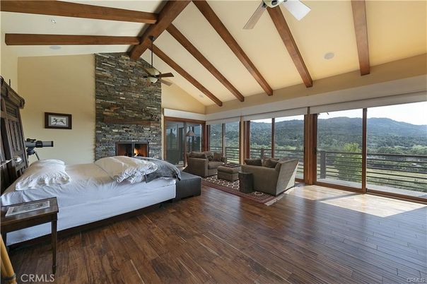 Bedroom, Fireplace, Interior, Living room, Recessed Lighting, Wooden Beams, Wood Texture Flooring
