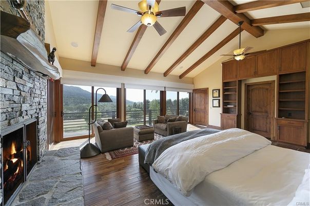Bedroom, Fireplace, Interior, Stone Walls, Wooden Beams, Wood Texture Flooring