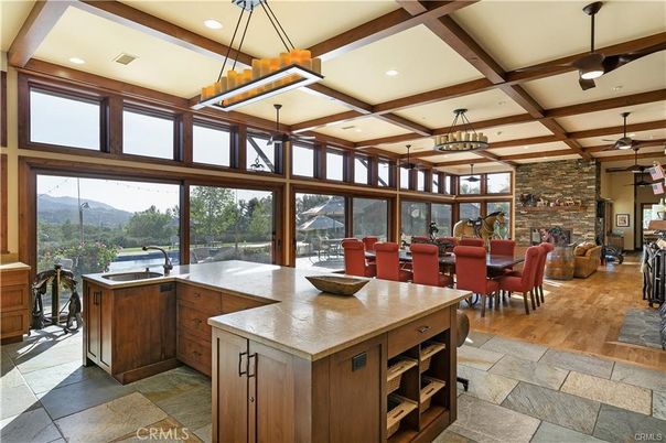Dining room, Interior, Kitchen, Pendant Lights, Recessed Lighting, Stone Walls, Wooden Beams, Wood Texture Flooring