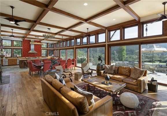Dining room, Interior, Living room, Pendant Lights, Recessed Lighting, Sun Room, Wooden Beams, Wood Texture Flooring
