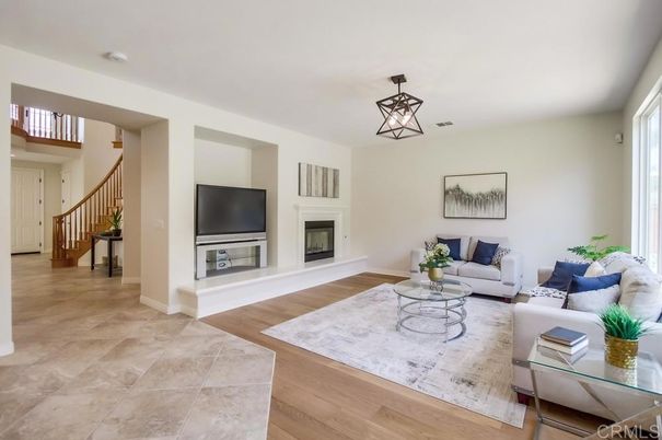 Fireplace, Interior, Living room, Pendant Lights, Wood Texture Flooring