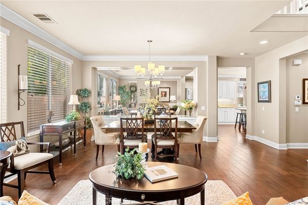Chandelier, Dining room, Interior, Living room, Recessed Lighting, Wood Texture Flooring