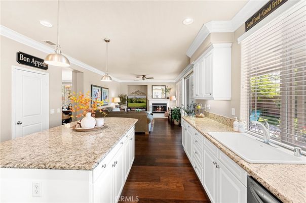 Fireplace, Interior, Kitchen, Living room, Pendant Lights, Recessed Lighting, Wood Texture Flooring