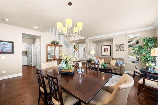 Chandelier, Dining room, Interior, Living room, Pendant Lights, Recessed Lighting, Wood Texture Flooring