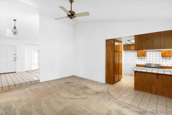Empty room, Interior, Kitchen, Pendant Lights, Tile Countertops