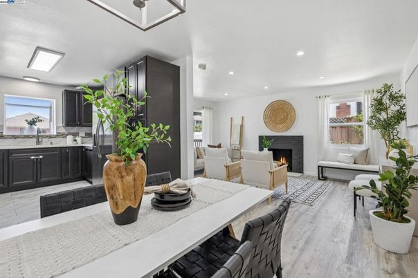 Dining room, Fireplace, Interior, Kitchen, Living room, Recessed Lighting, Wood Texture Flooring