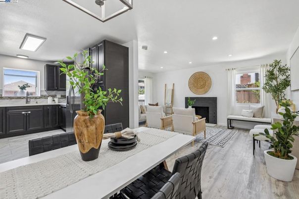 Dining room, Fireplace, Interior, Kitchen, Living room, Recessed Lighting, Wood Texture Flooring