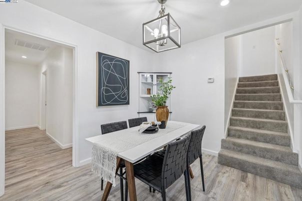 Dining room, Interior, Pendant Lights, Recessed Lighting, Wood Texture Flooring