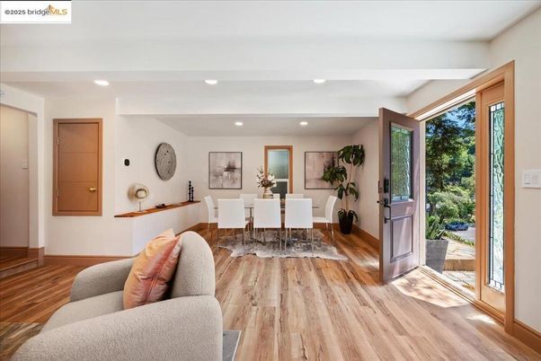 Dining room, Interior, Living room, Recessed Lighting, Wood Texture Flooring