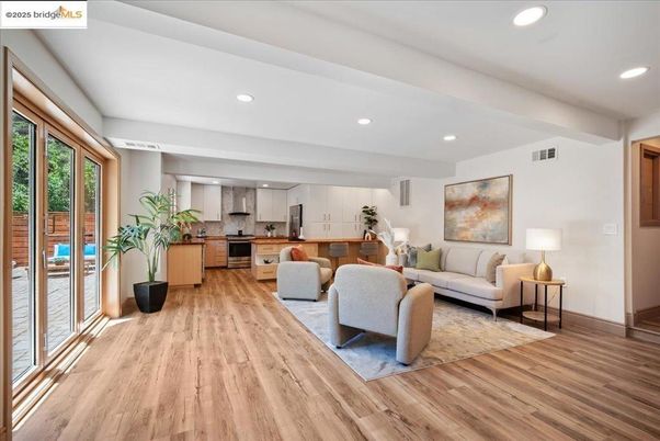Interior, Kitchen, Living room, Recessed Lighting, Stainless Steel Appliances, Wood Texture Flooring