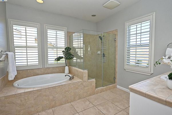 Bathroom, Glass Shower, Interior, Recessed Lighting, Tile Countertops