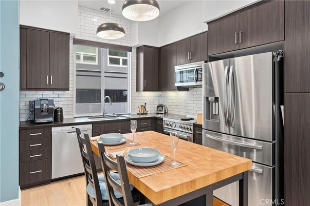 Interior, Kitchen, Pendant Lights, Stainless Steel Appliances, Wood Texture Flooring