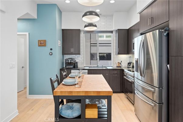 Interior, Kitchen, Pendant Lights, Recessed Lighting, Stainless Steel Appliances, Wood Texture Flooring