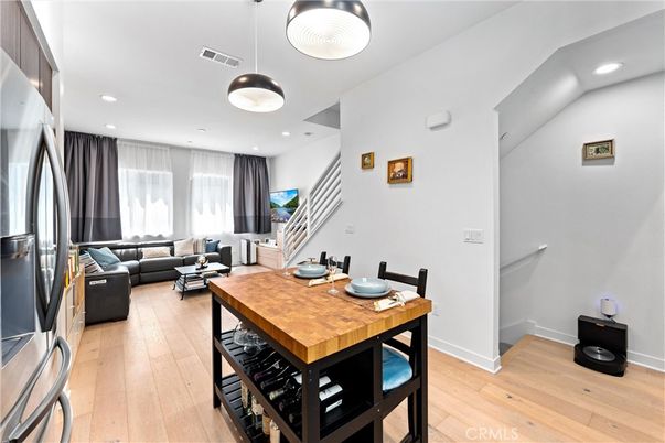 Dining room, Interior, Living room, Recessed Lighting, Wood Texture Flooring